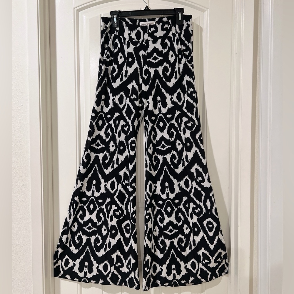 Veronica M fitted stretch Wide-Leg Flare Boho Pants Palazzo Cut Flowy Pocket S - Picture 2 of 8